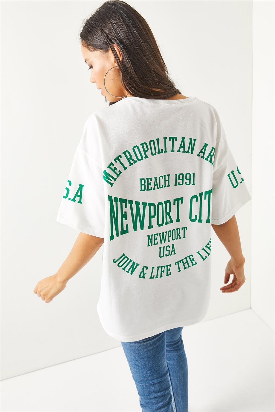 Ön Arka Baskılı 2 iplik Unisex Oversize Tişört Newport Beyaz