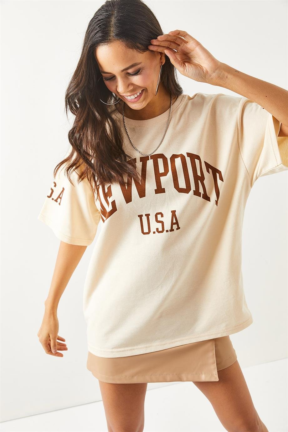 Ön Arka Baskılı 2 iplik Unisex Oversize Tişört Newport Bej