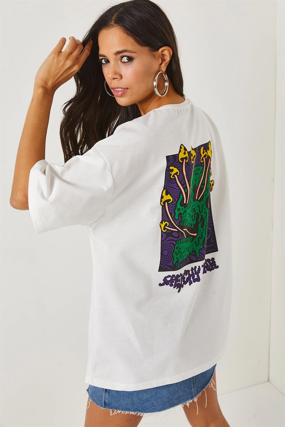 Ön Arka Baskılı 2 iplik Unisex Oversize Tişört Kuru Kafa Beyaz