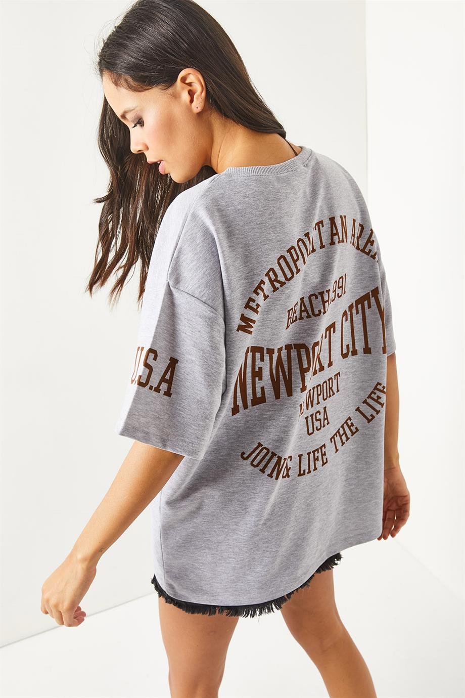 Ön Arka Baskılı 2 iplik Unisex Oversize Tişört Newport Gri