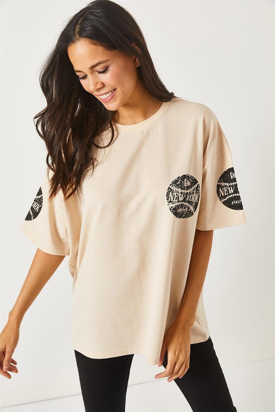 Ön Arka Baskılı 2 iplik Unisex Oversize Tişört Newyork Bej