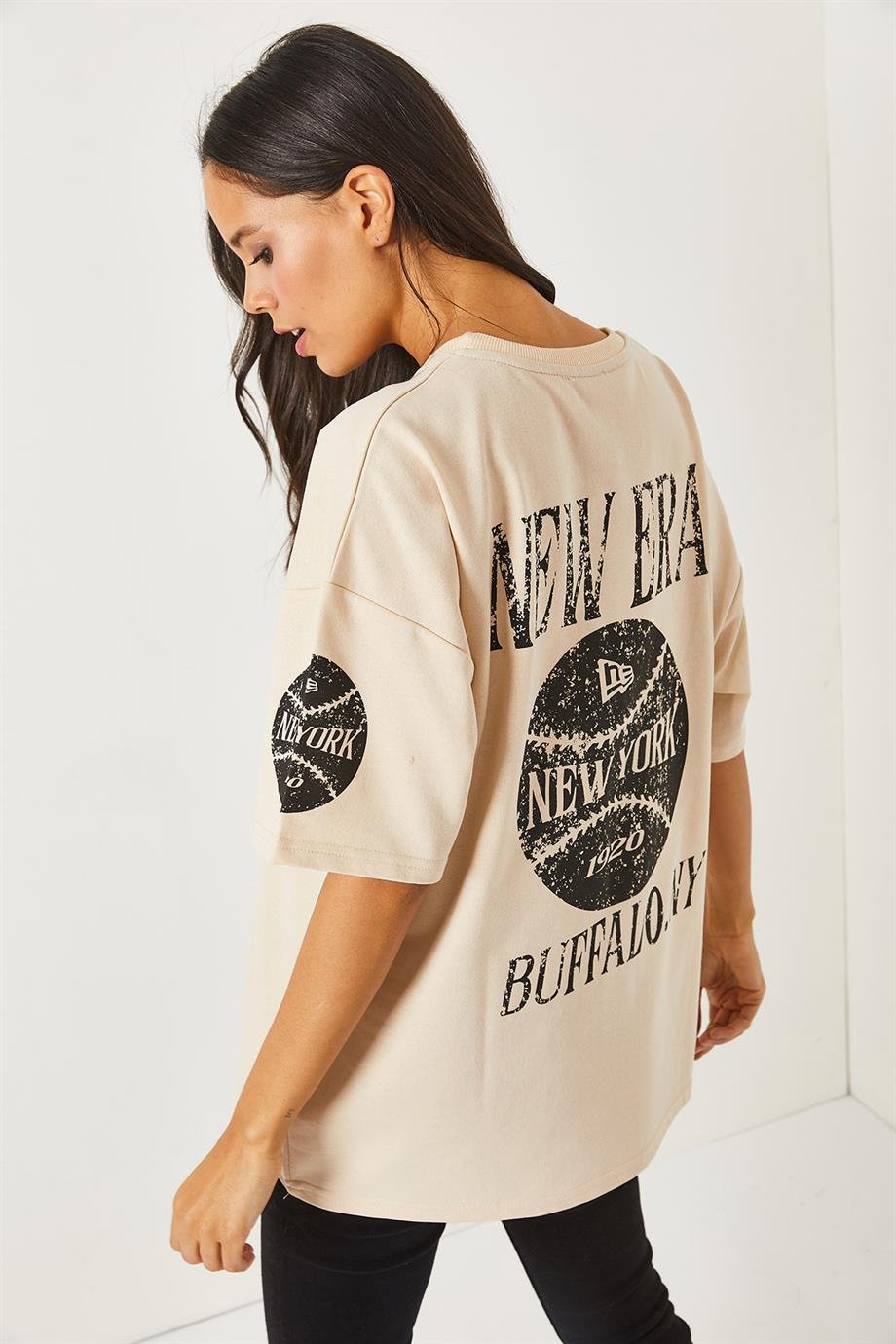 Ön Arka Baskılı 2 iplik Unisex Oversize Tişört Newyork Bej