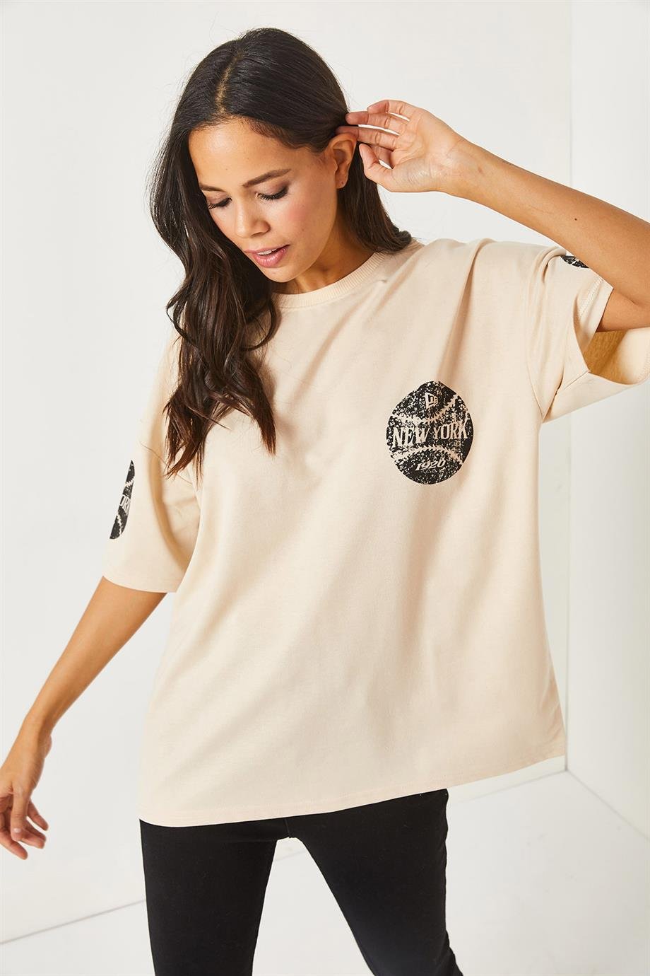 Ön Arka Baskılı 2 iplik Unisex Oversize Tişört Newyork Bej