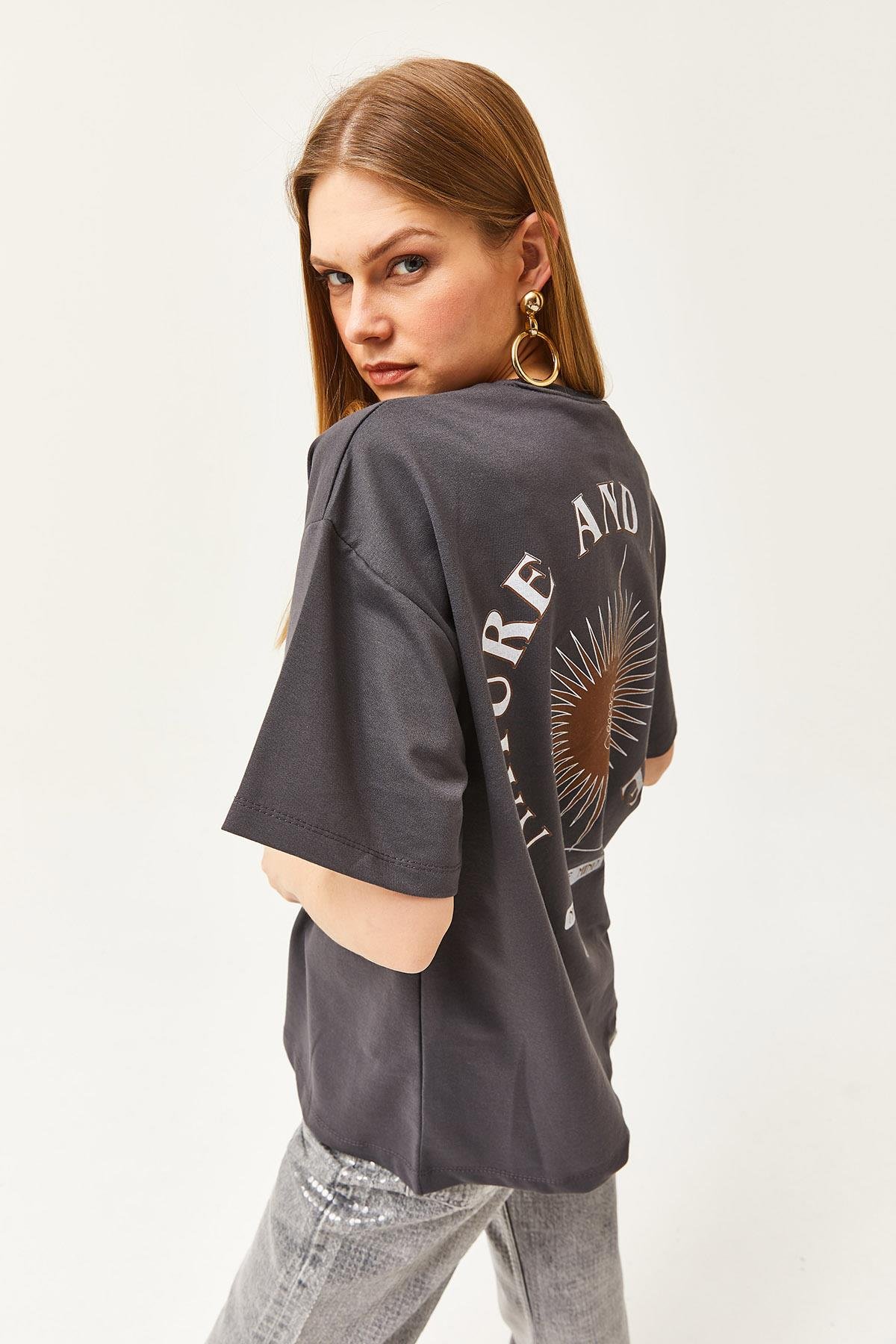 Ön Arka Baskılı 2 iplik Unisex Oversize Tişört Sembol Füme