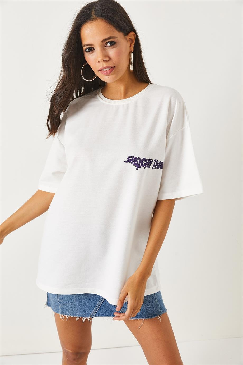 Ön Arka Baskılı 2 iplik Unisex Oversize Tişört Kuru Kafa Beyaz