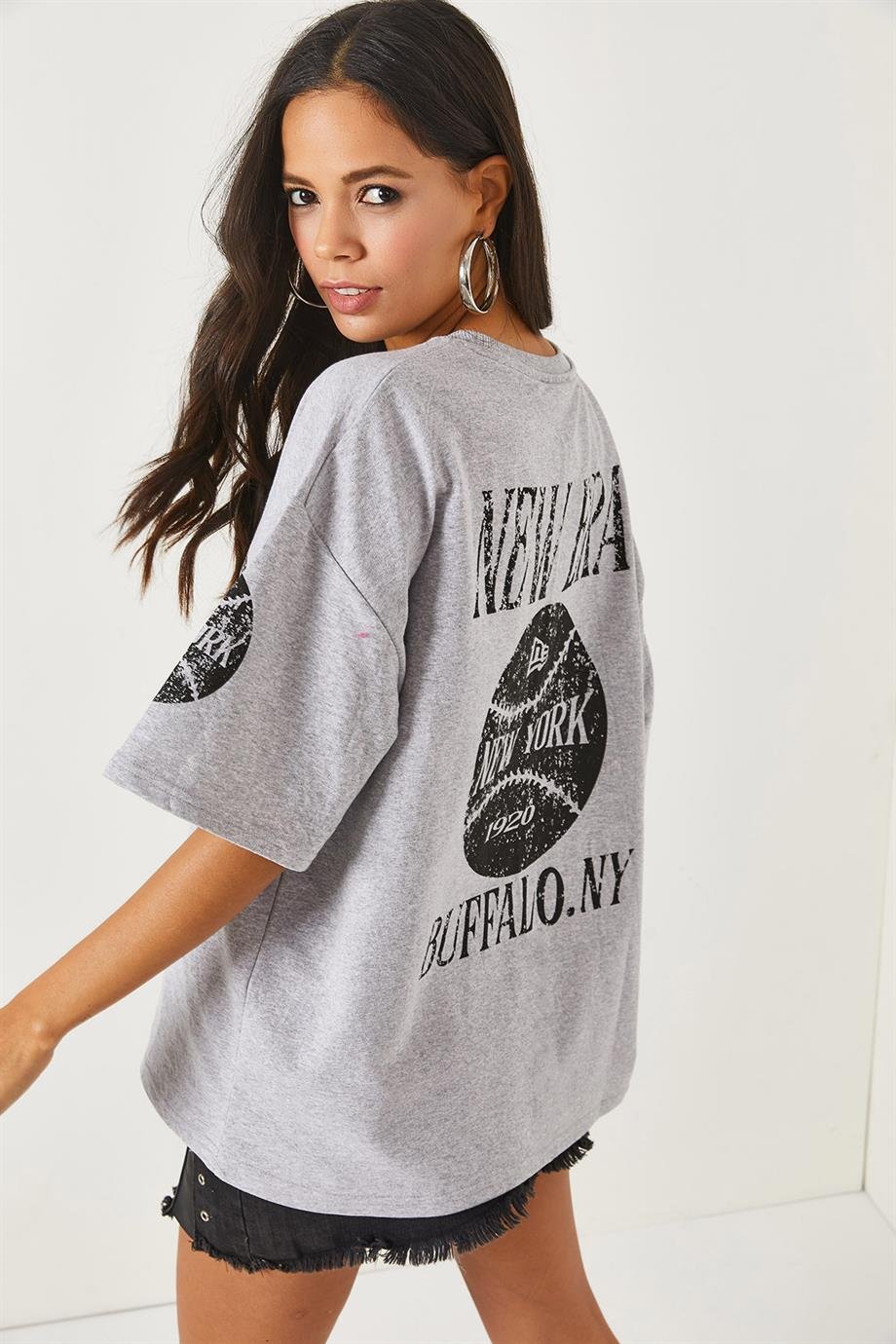 Ön Arka Baskılı 2 iplik Unisex Oversize Tişört Newyork Gri