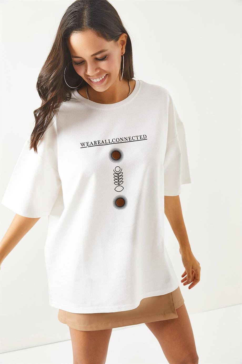 Ön Arka Baskılı 2 iplik Unisex Oversize Tişört Sembol Beyaz