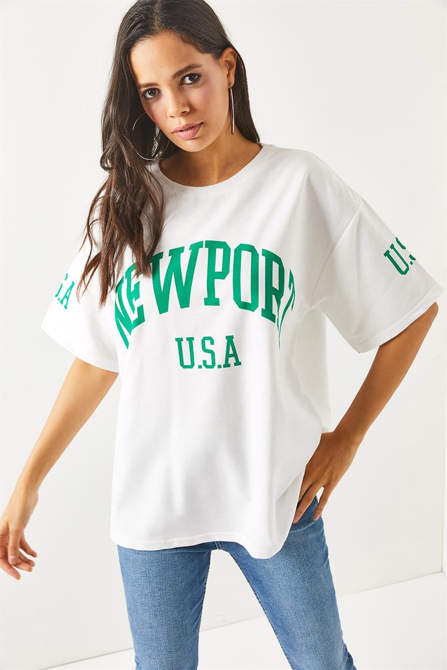 Ön Arka Baskılı 2 iplik Unisex Oversize Tişört Newport Beyaz