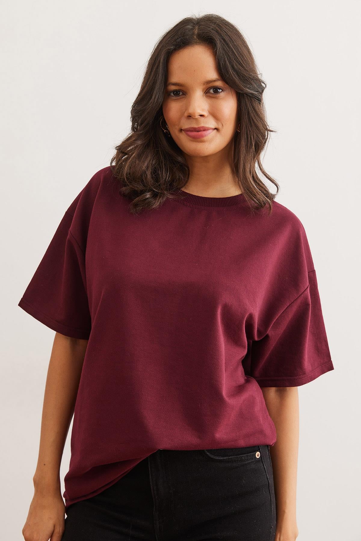 Ön Arka Baskılı 2 iplik Unisex Oversize Tişört Bordo
