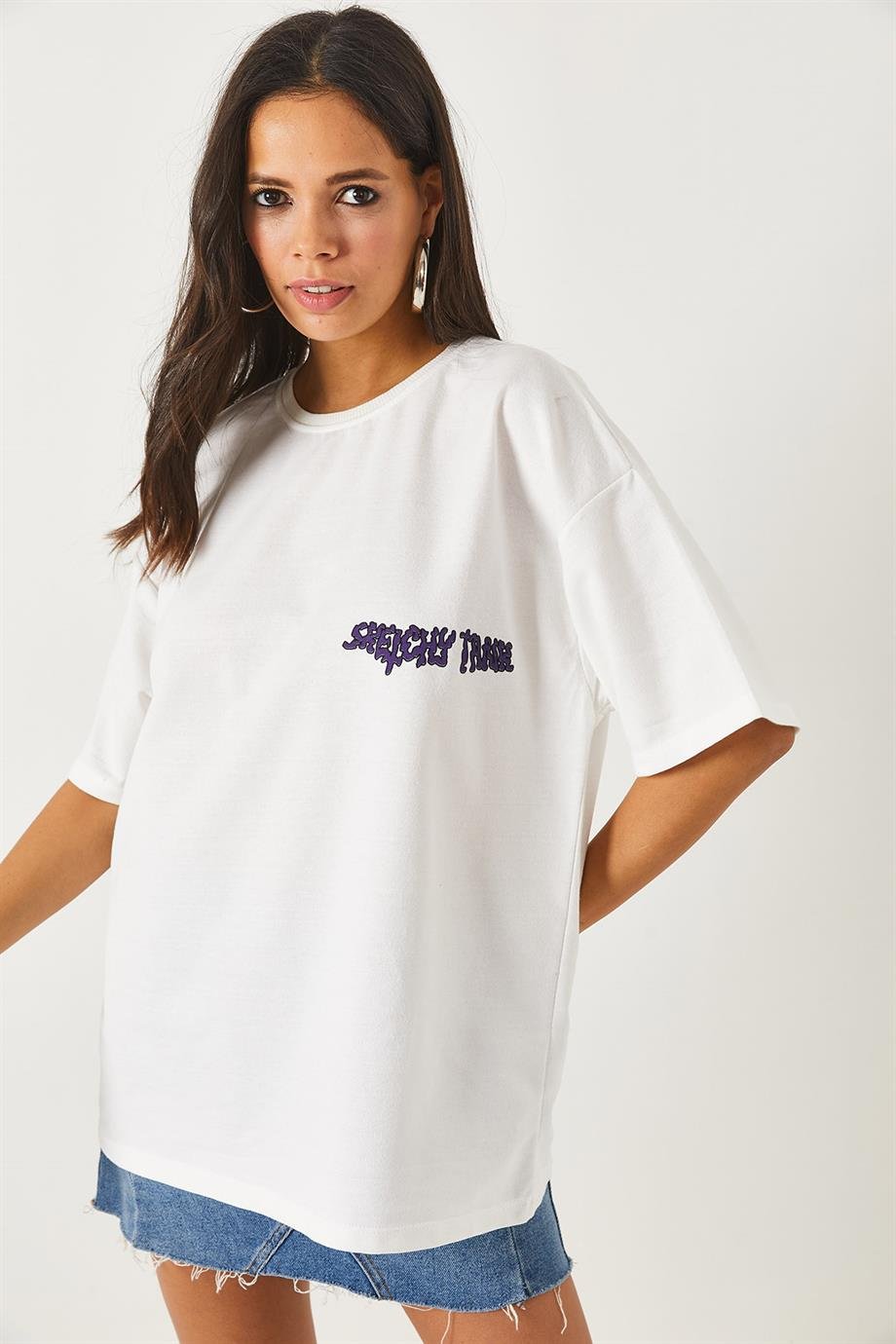 Ön Arka Baskılı 2 iplik Unisex Oversize Tişört Kuru Kafa Beyaz