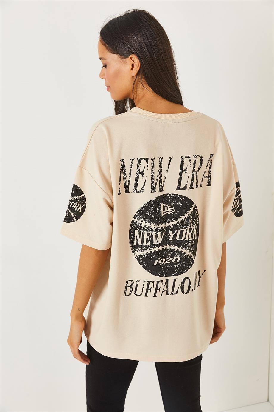 Ön Arka Baskılı 2 iplik Unisex Oversize Tişört Newyork Bej