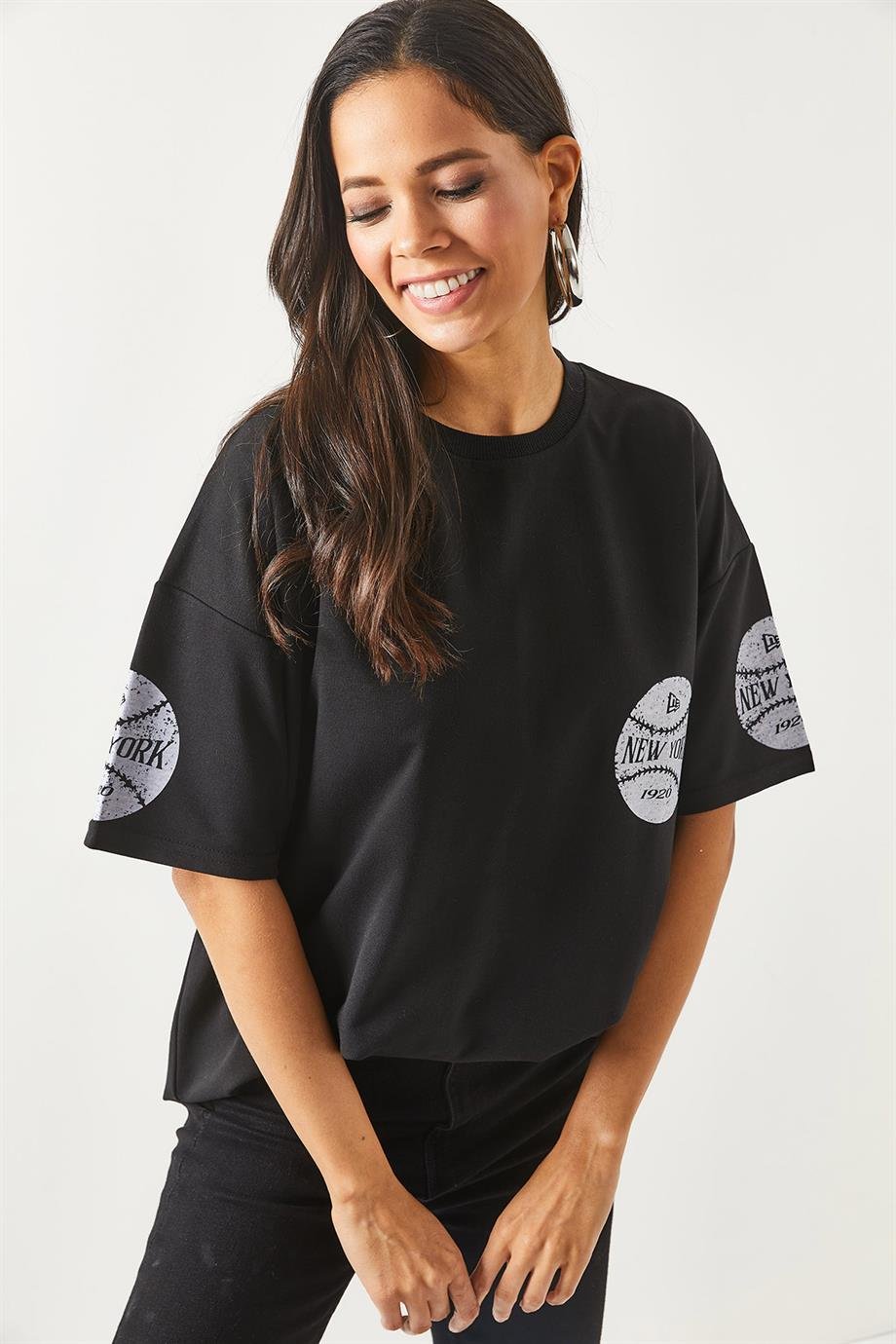 Ön Arka Baskılı 2 iplik Unisex Oversize Tişört Newyork Siyah