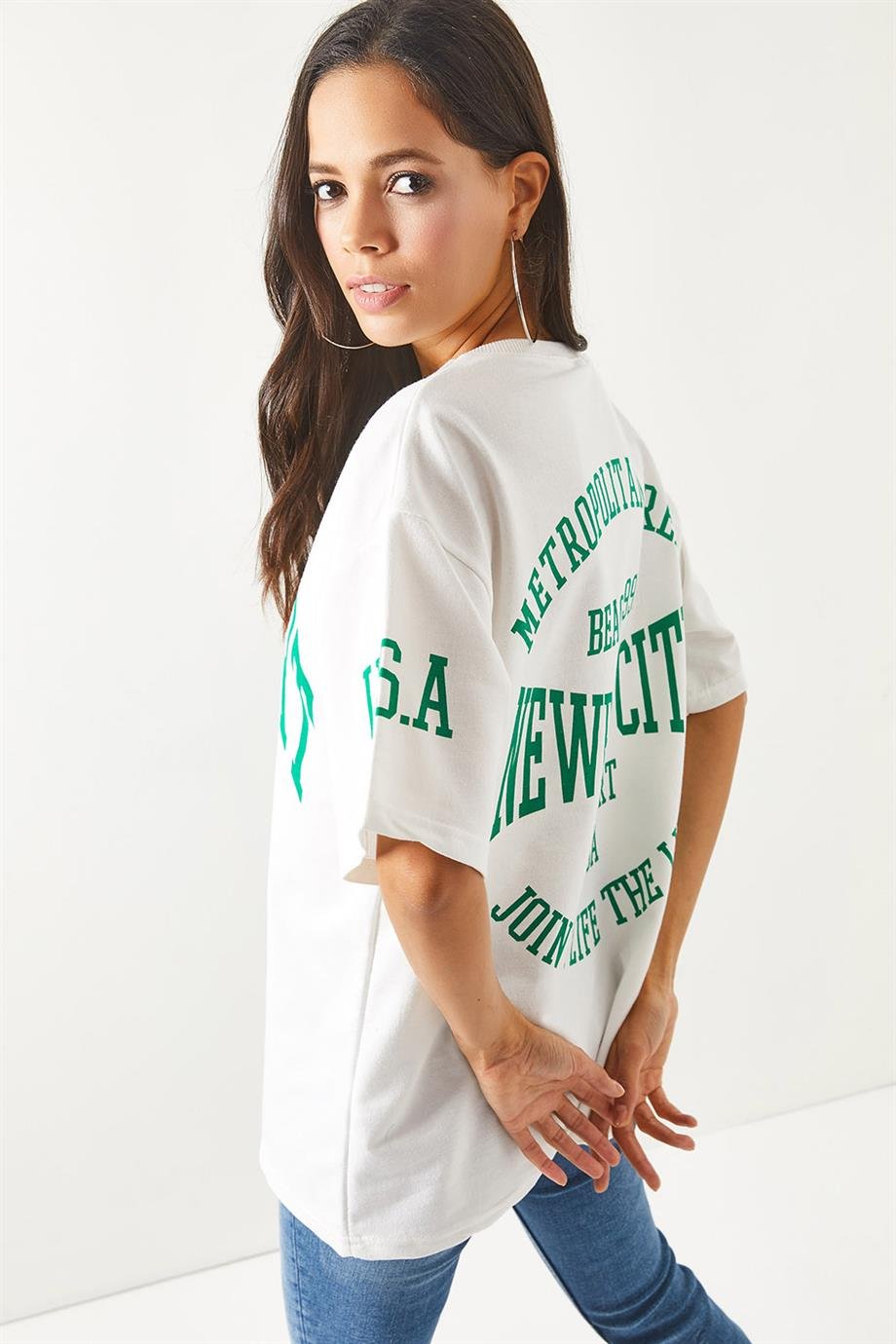 Ön Arka Baskılı 2 iplik Unisex Oversize Tişört Newport Beyaz