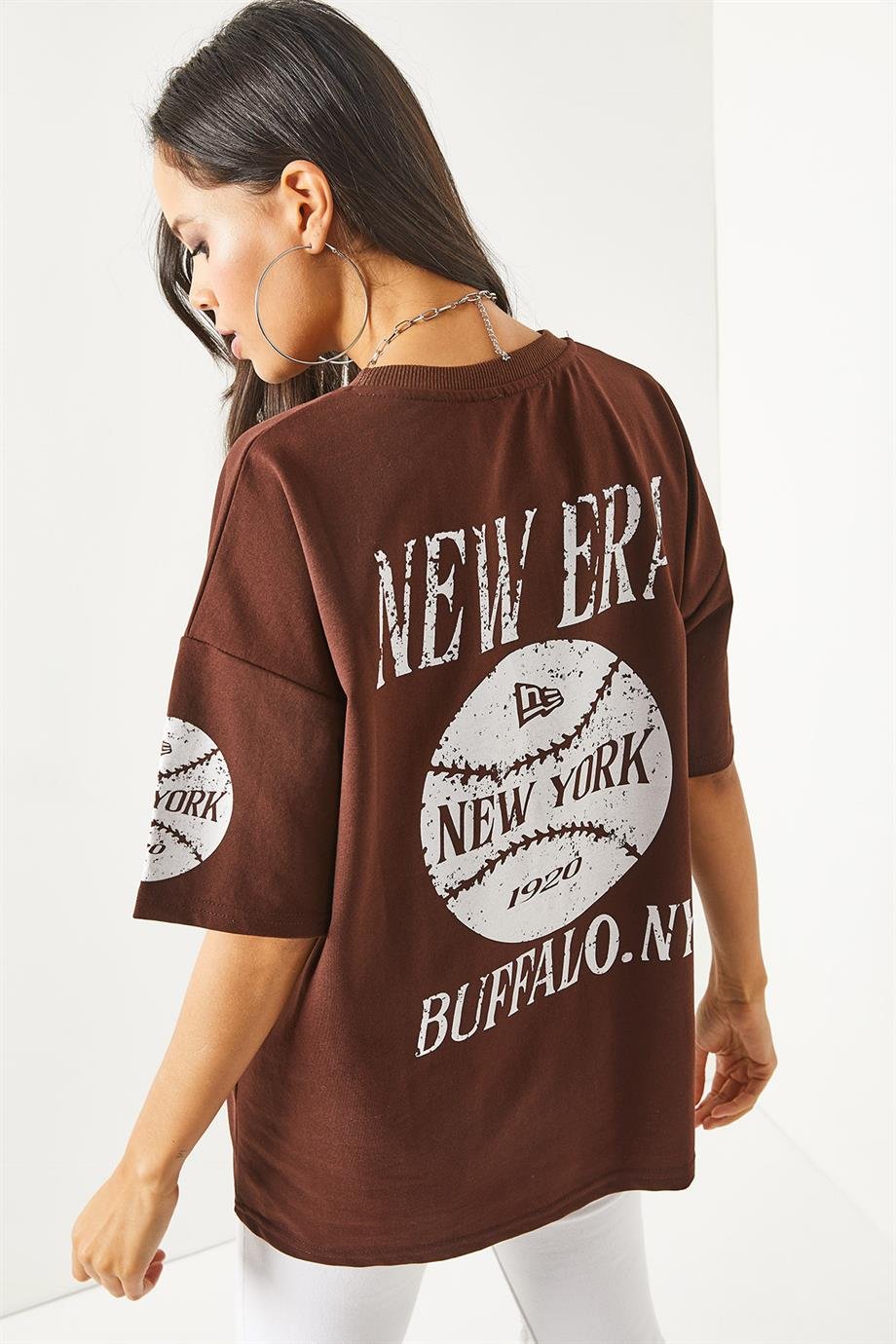 Ön Arka Baskılı 2 iplik Unisex Oversize Tişört Newyork Acı Kahve