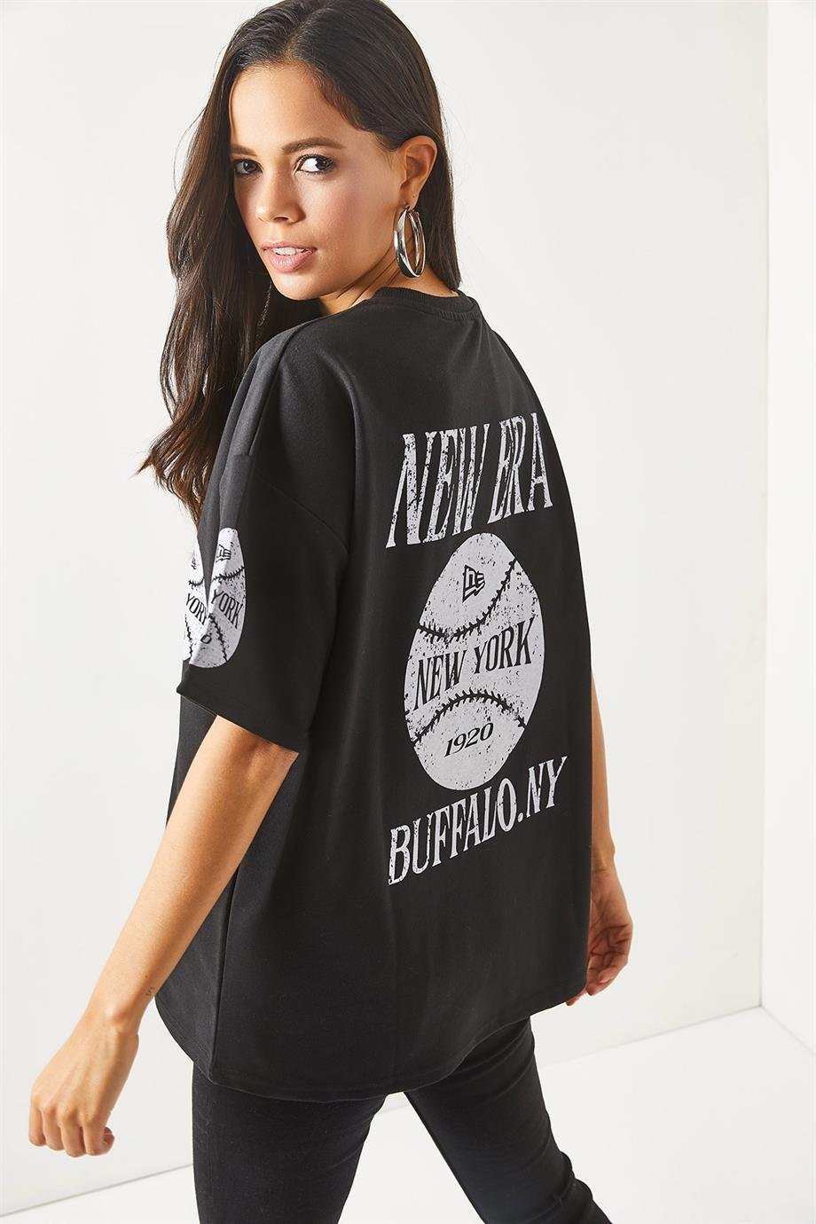 Ön Arka Baskılı 2 iplik Unisex Oversize Tişört Newyork Siyah