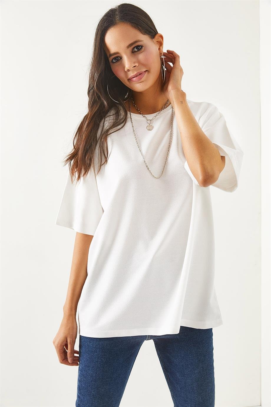 Ön Arka Baskılı 2 iplik Unisex Oversize Tişört Düz Beyaz