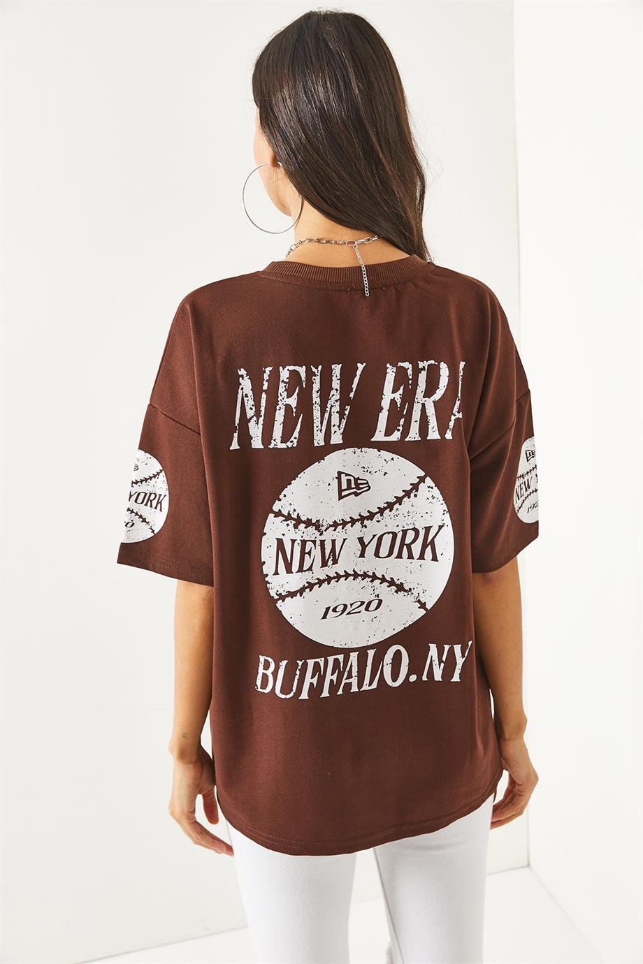 Ön Arka Baskılı 2 iplik Unisex Oversize Tişört Newyork Acı Kahve