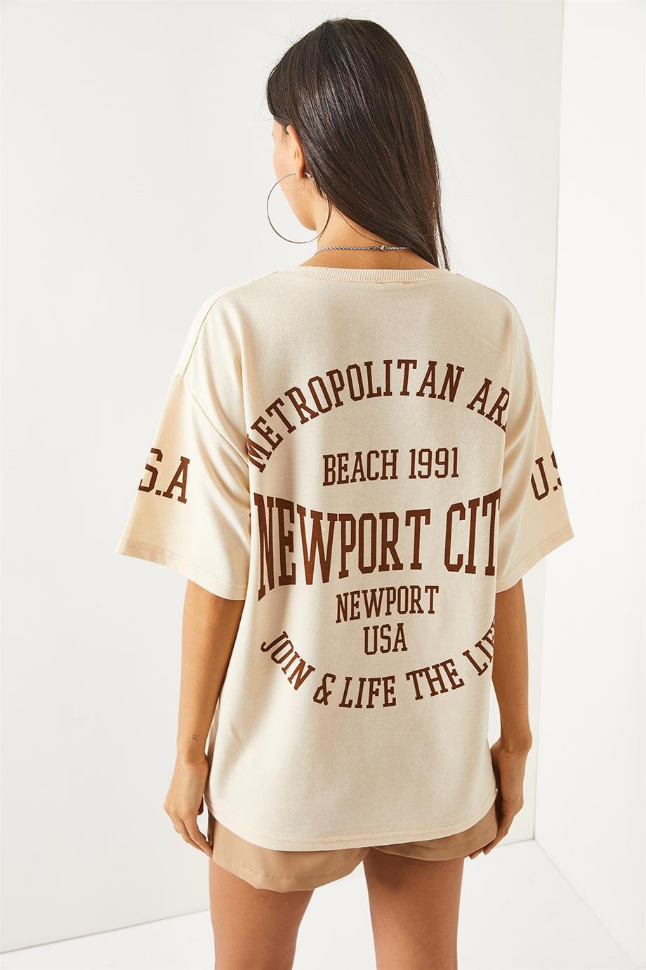 Ön Arka Baskılı 2 iplik Unisex Oversize Tişört Newport Bej