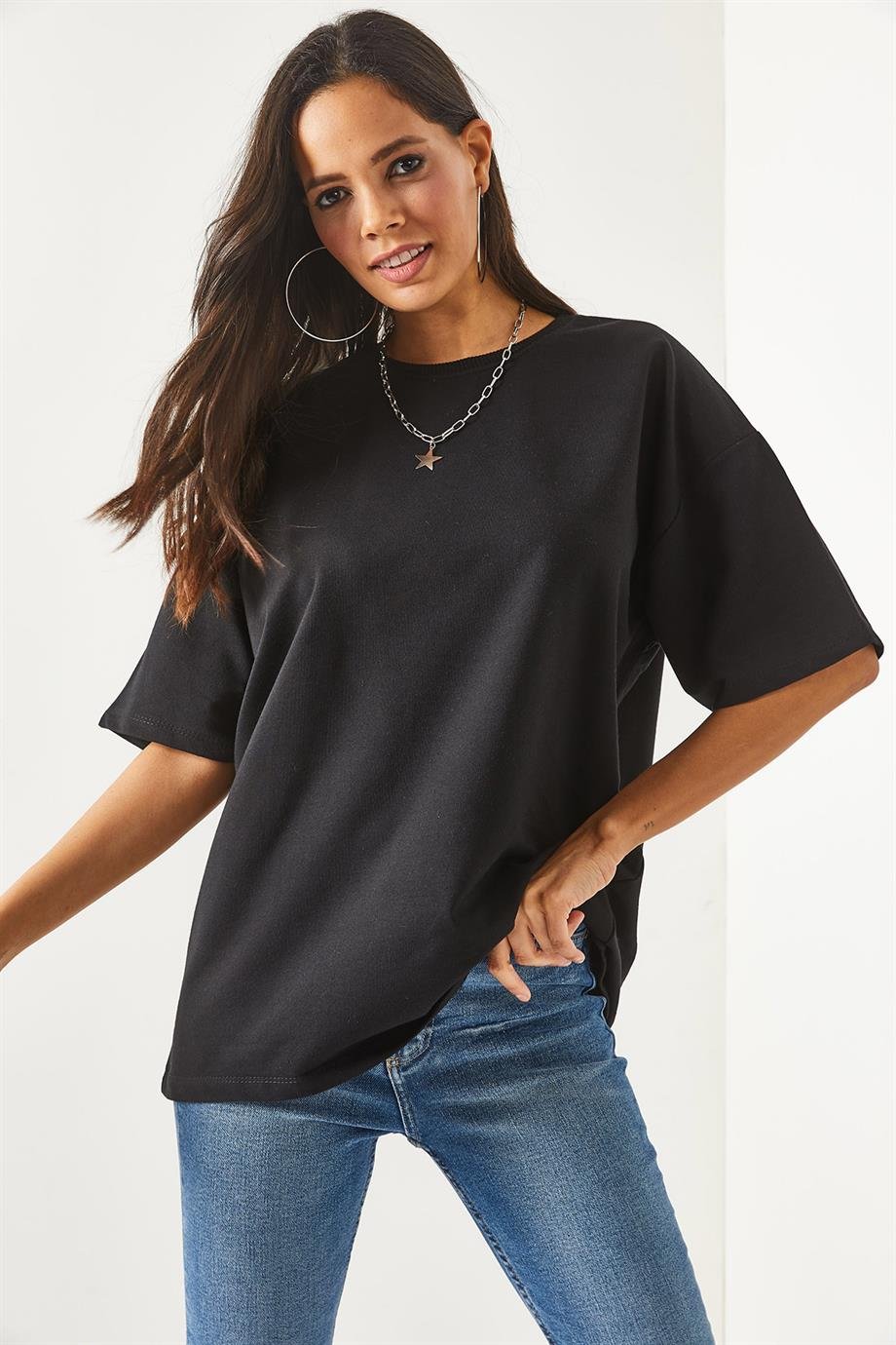 Ön Arka Baskılı 2 iplik Unisex Oversize Tişört Düz Siyah