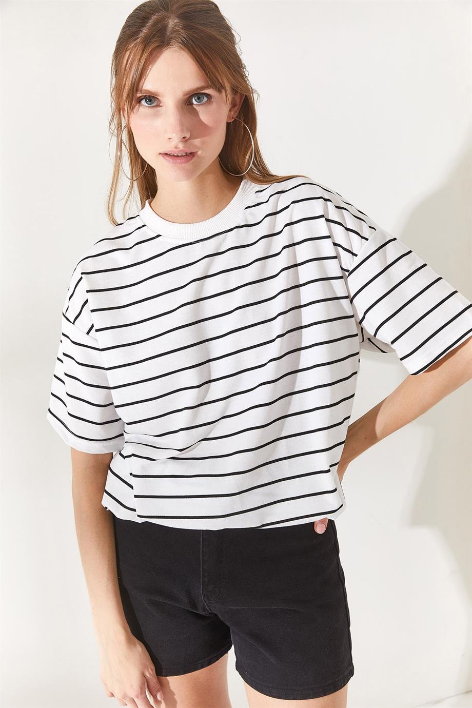 Ön Arka Baskılı 2 iplik Unisex Oversize Tişört Çizgili Beyaz