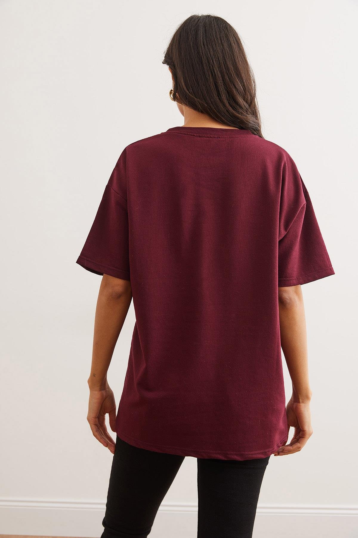 Ön Arka Baskılı 2 iplik Unisex Oversize Tişört Bordo