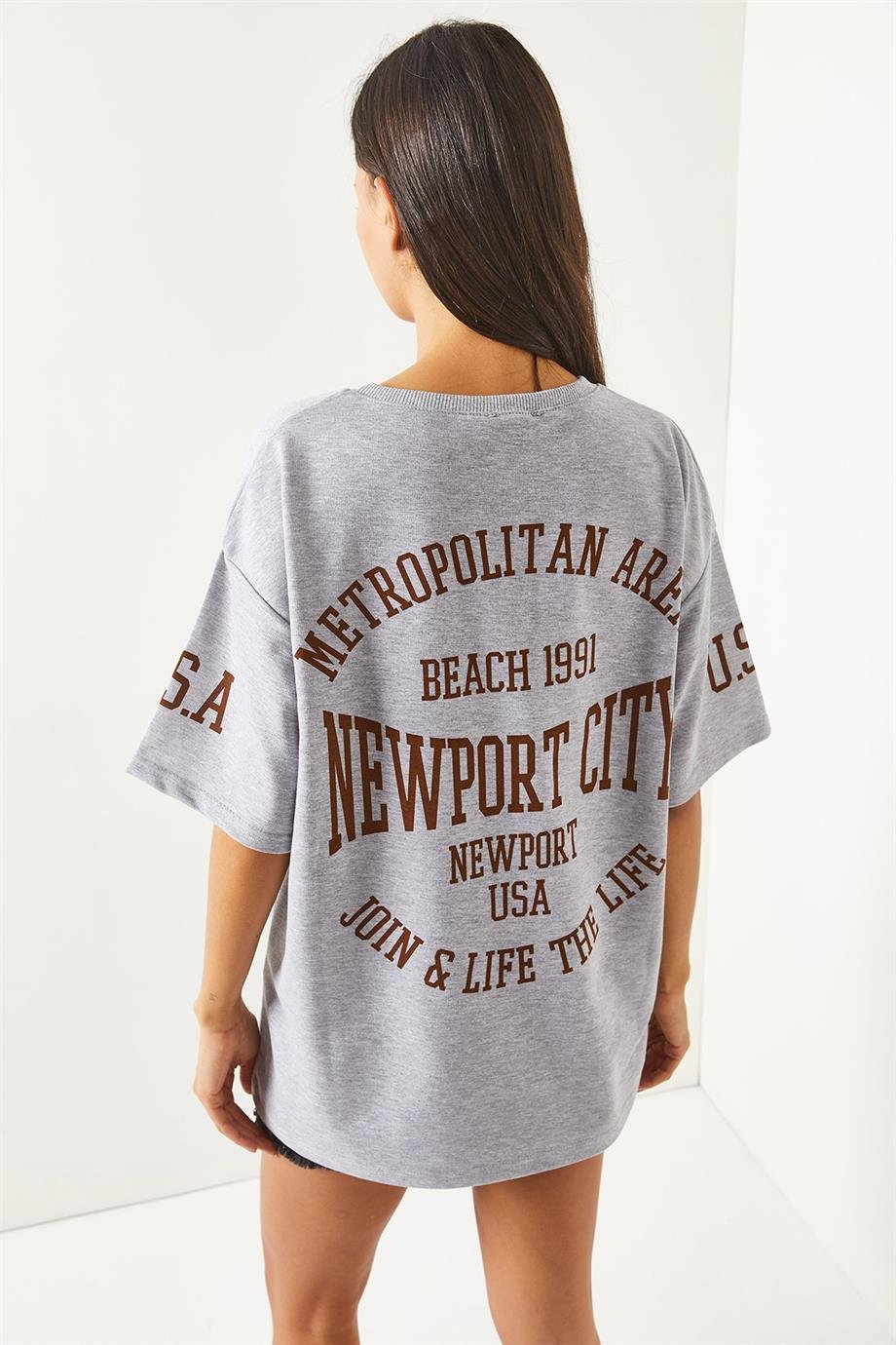 Ön Arka Baskılı 2 iplik Unisex Oversize Tişört Newport Gri