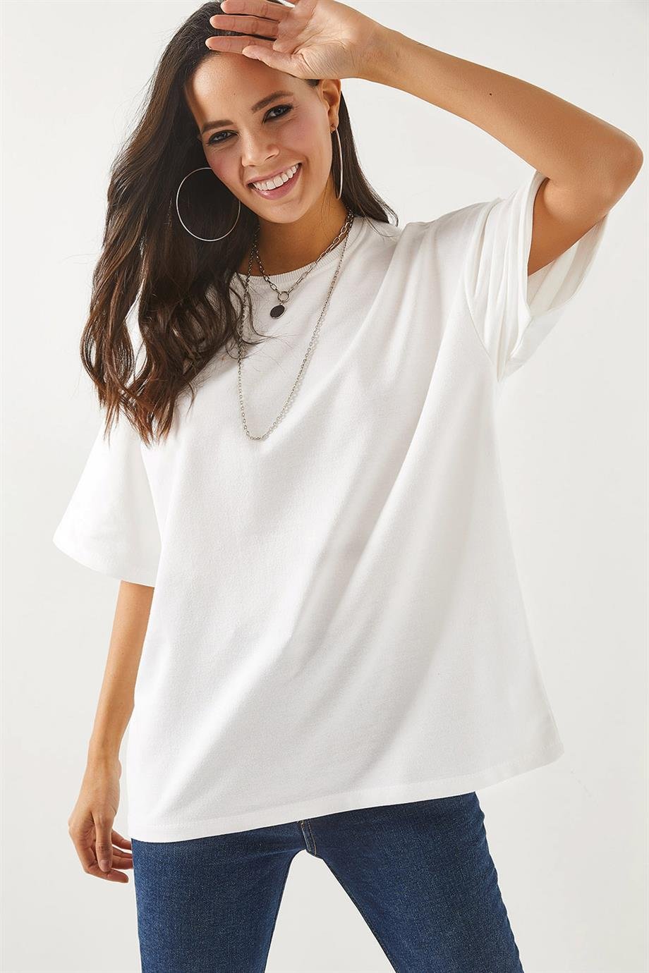 Ön Arka Baskılı 2 iplik Unisex Oversize Tişört Düz Beyaz