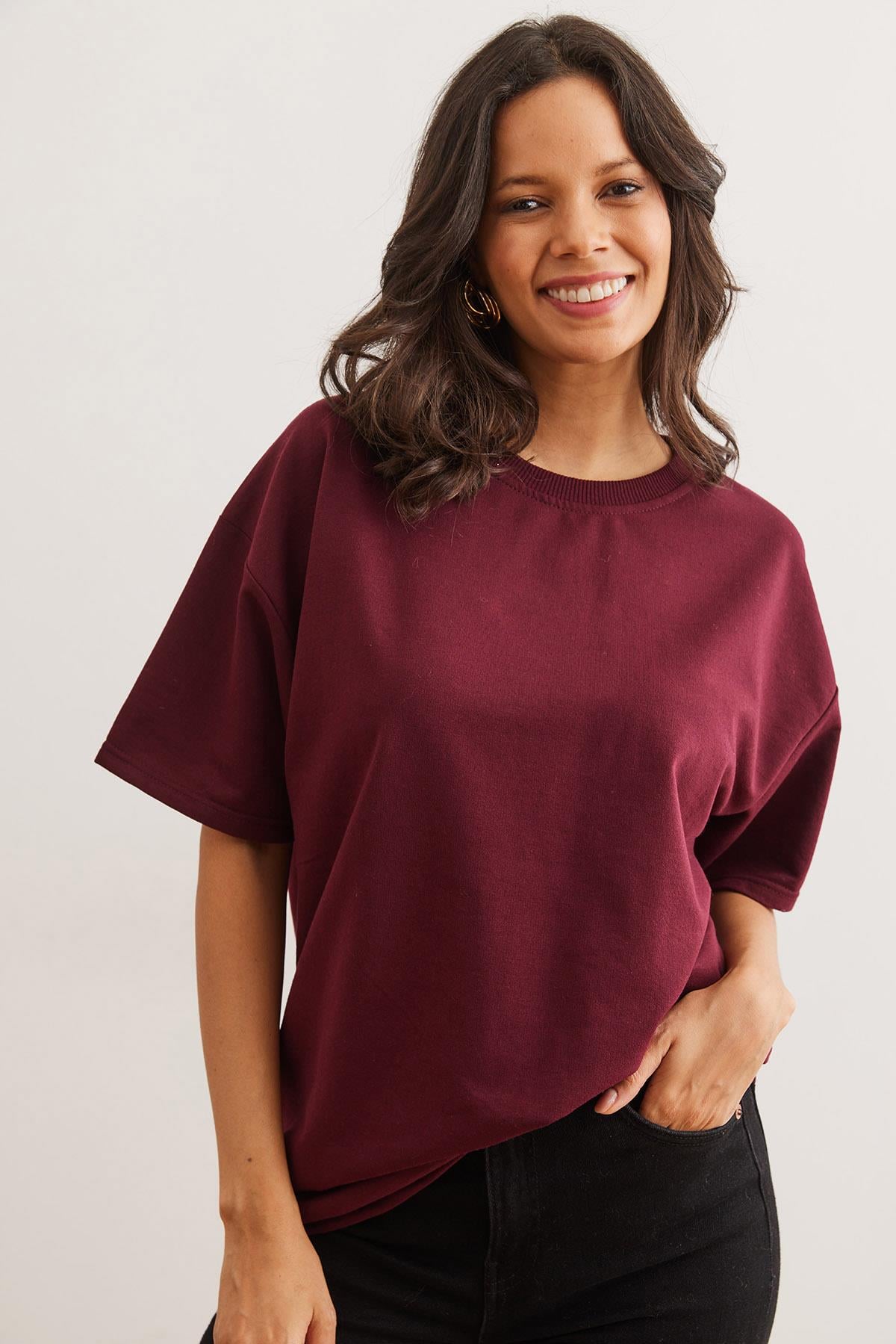 Ön Arka Baskılı 2 iplik Unisex Oversize Tişört Bordo