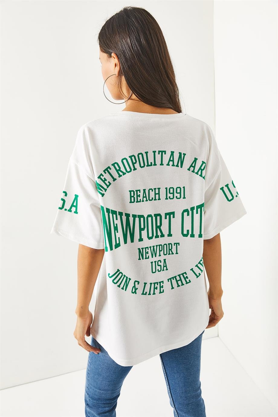 Ön Arka Baskılı 2 iplik Unisex Oversize Tişört Newport Beyaz
