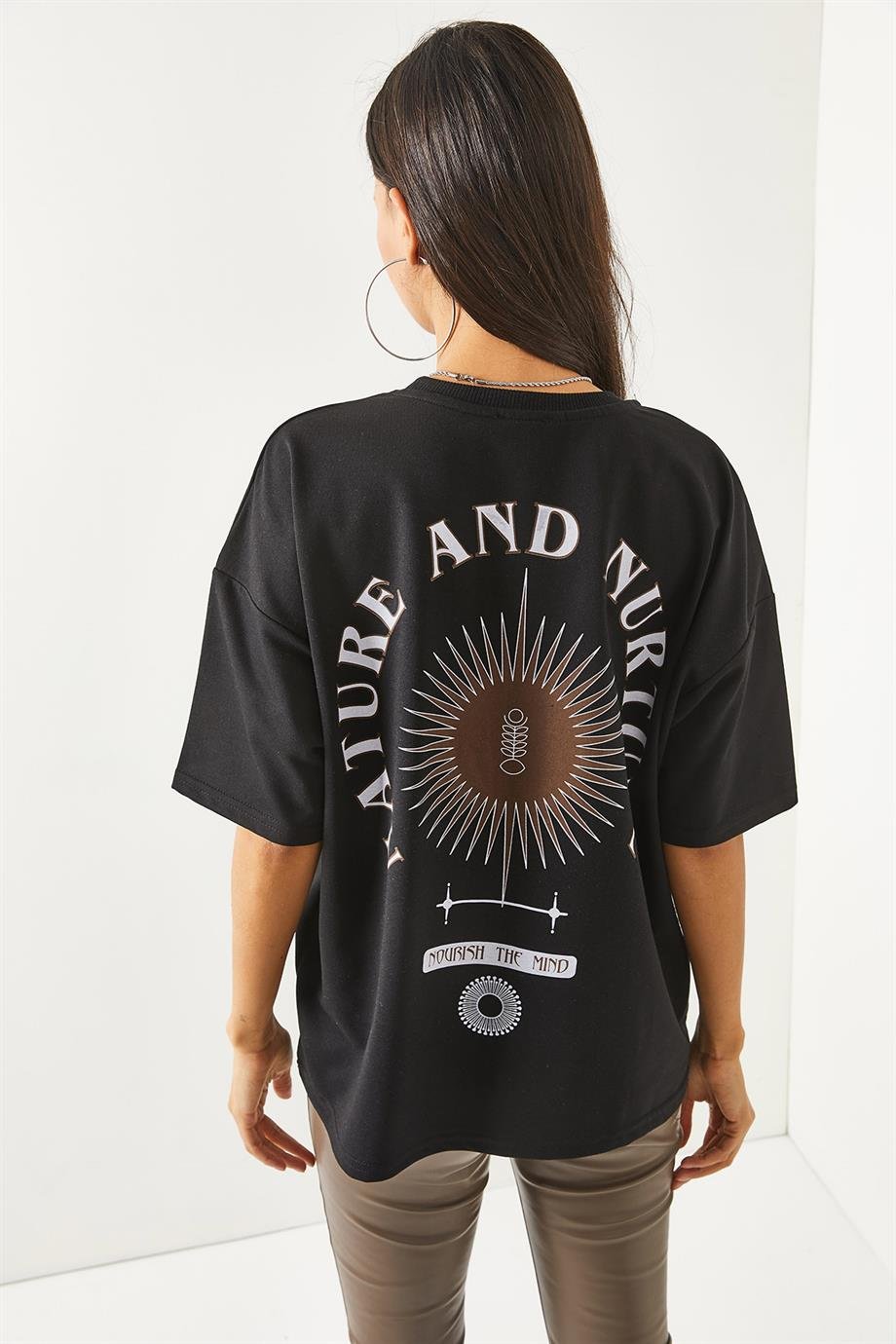 Ön Arka Baskılı 2 iplik Unisex Oversize Tişört Sembol Siyah