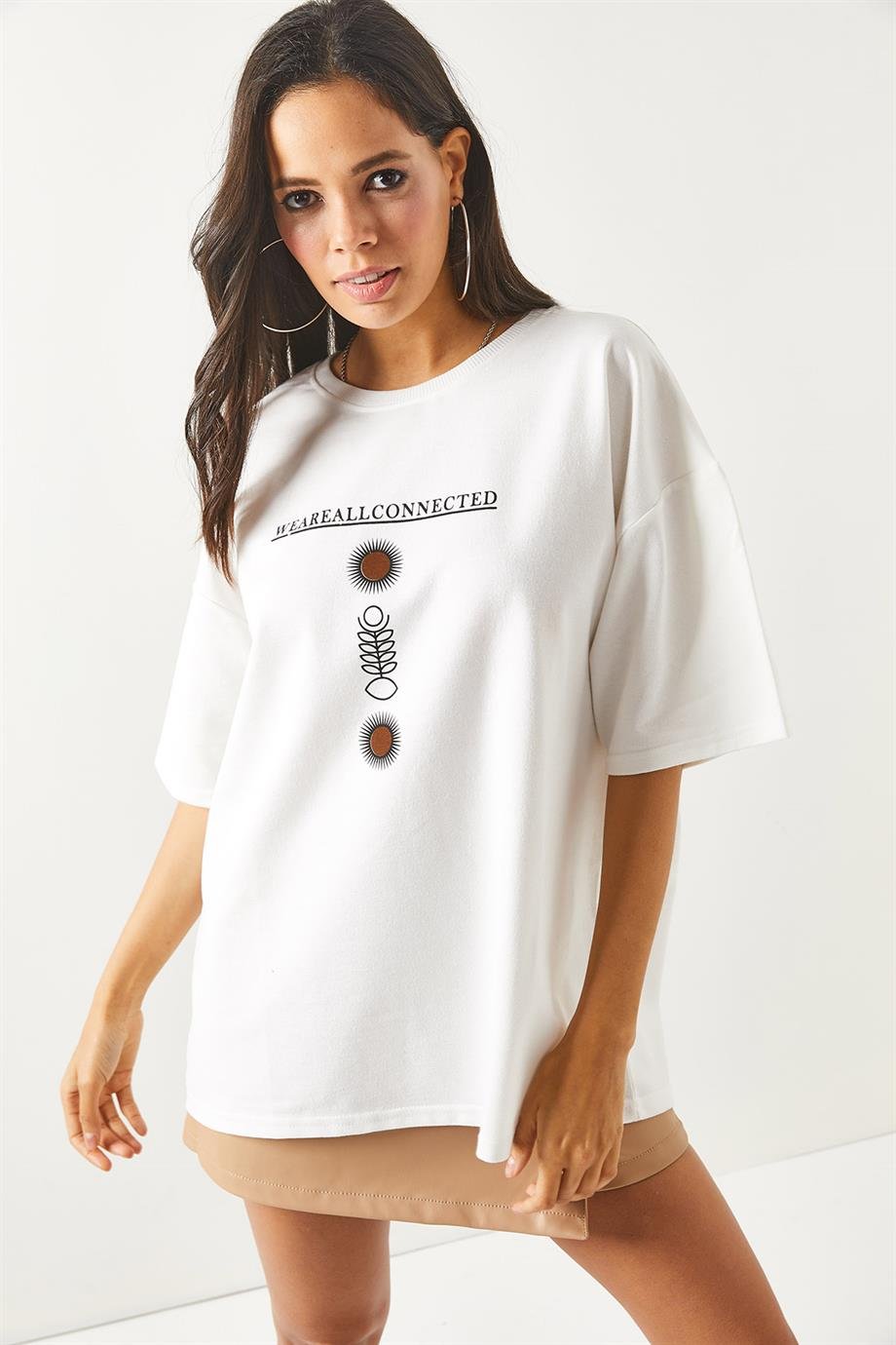 Ön Arka Baskılı 2 iplik Unisex Oversize Tişört Sembol Beyaz
