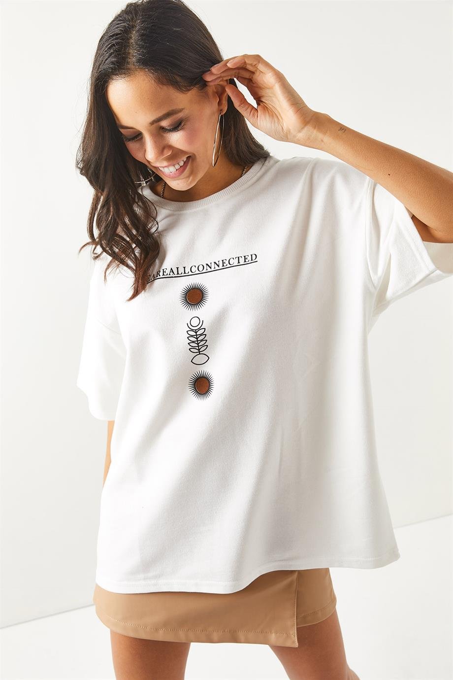 Ön Arka Baskılı 2 iplik Unisex Oversize Tişört Sembol Beyaz