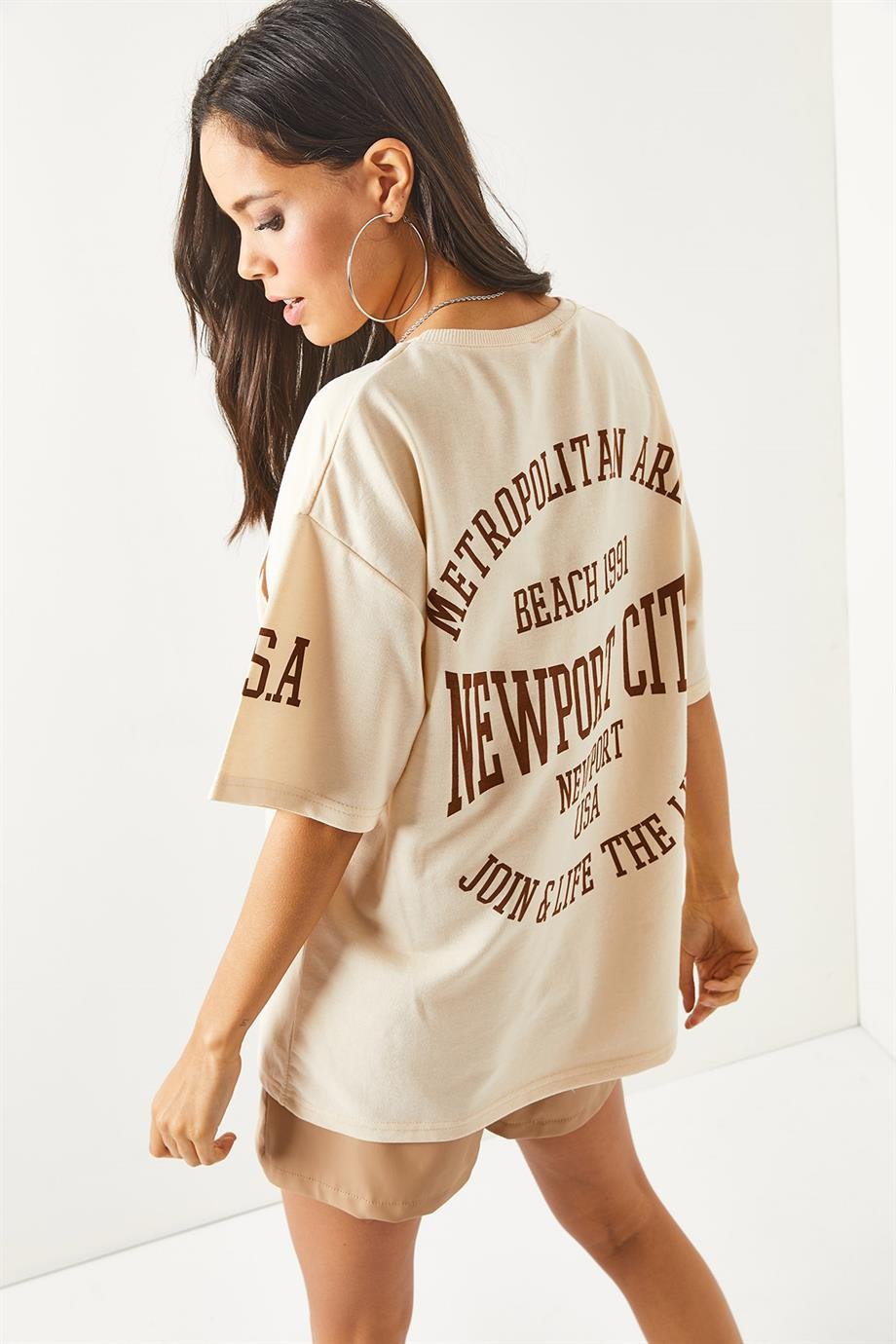 Ön Arka Baskılı 2 iplik Unisex Oversize Tişört Newport Bej