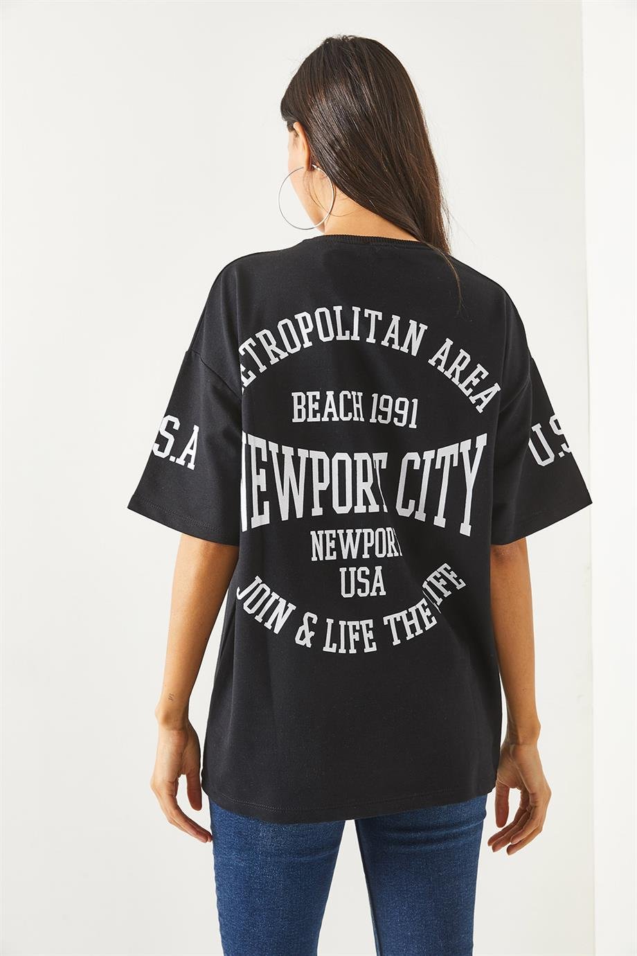 Ön Arka Baskılı 2 iplik Unisex Oversize Tişört Newport Siyah