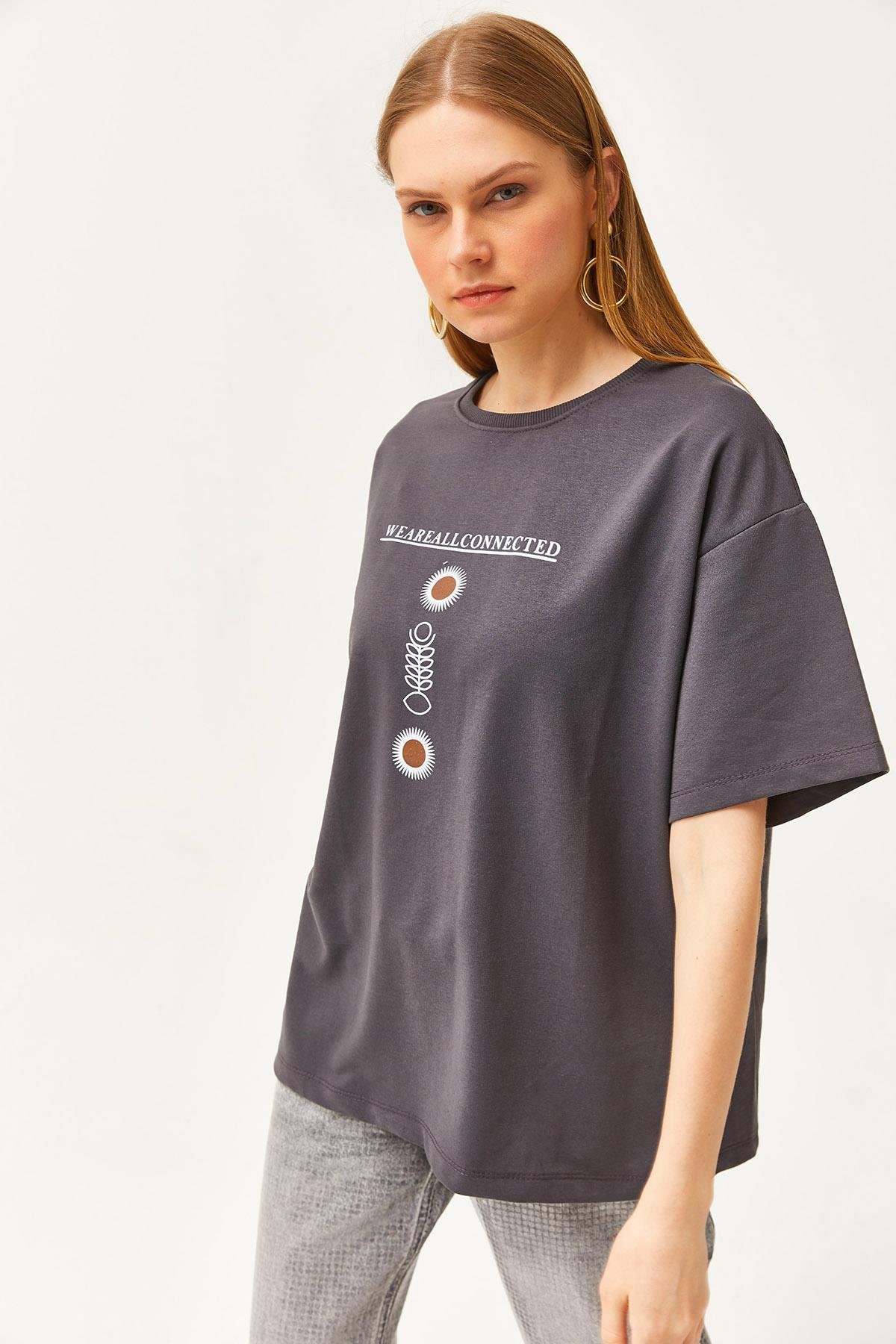 Ön Arka Baskılı 2 iplik Unisex Oversize Tişört Sembol Füme