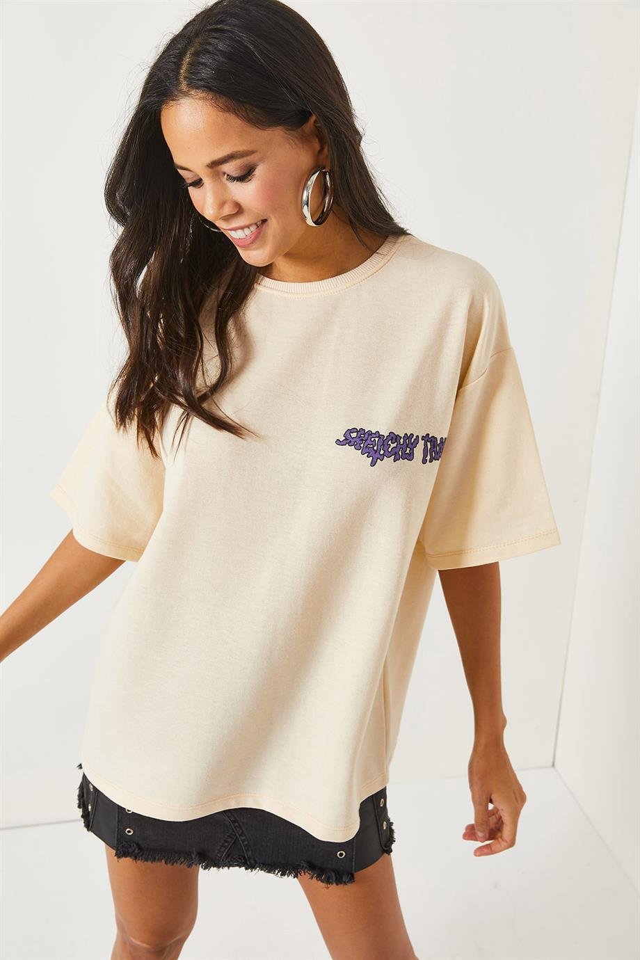 Ön Arka Baskılı 2 iplik Unisex Oversize Tişört Kuru Kafa Bej