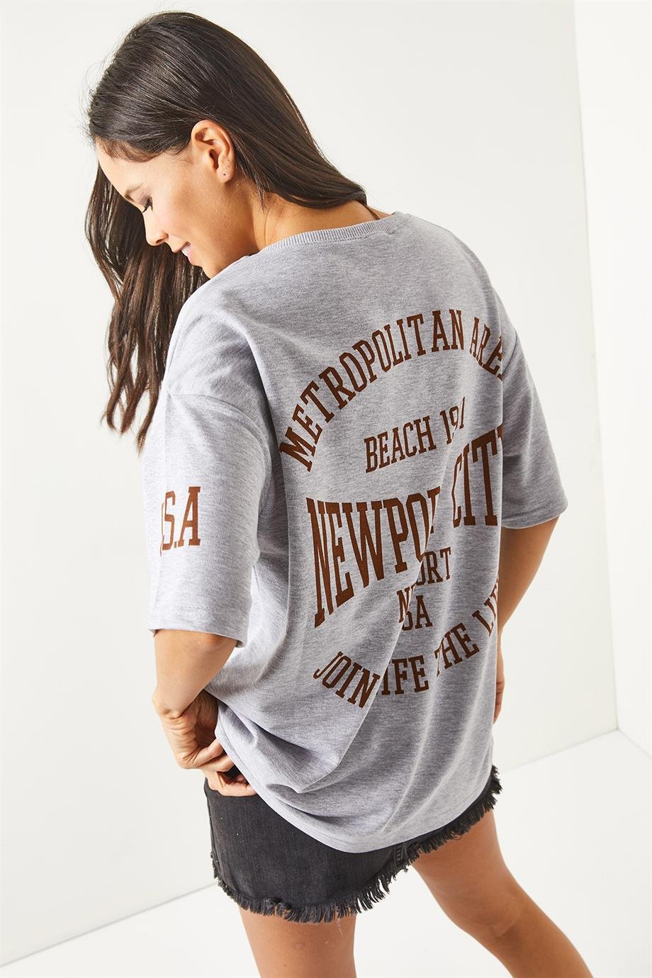 Ön Arka Baskılı 2 iplik Unisex Oversize Tişört Newport Gri