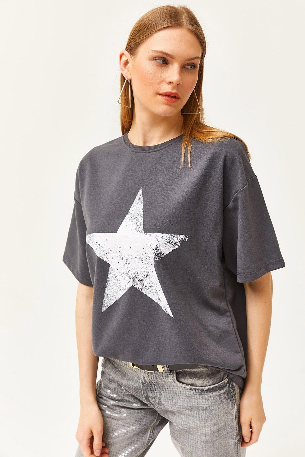 Ön Arka Baskılı 2 iplik Unisex Oversize Tişört Yıldız Füme