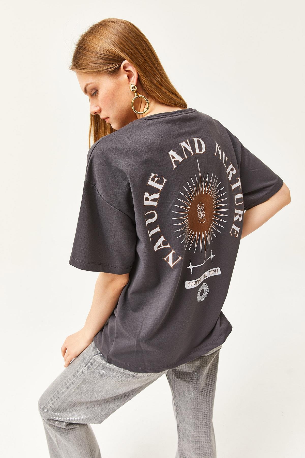 Ön Arka Baskılı 2 iplik Unisex Oversize Tişört Sembol Füme