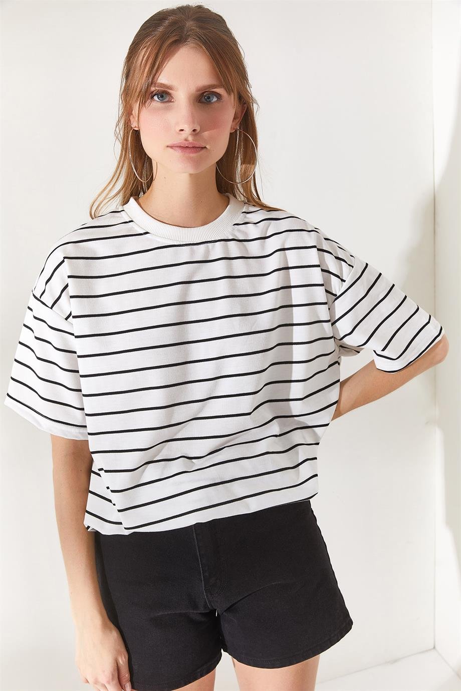 Ön Arka Baskılı 2 iplik Unisex Oversize Tişört Çizgili Beyaz