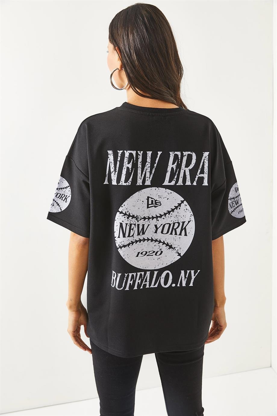 Ön Arka Baskılı 2 iplik Unisex Oversize Tişört Newyork Siyah
