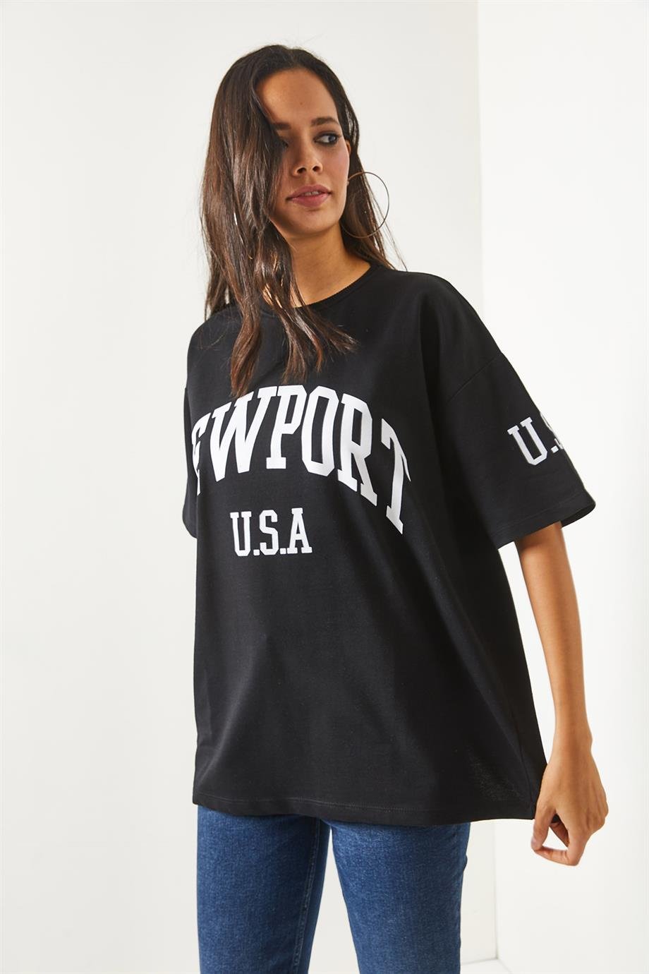 Ön Arka Baskılı 2 iplik Unisex Oversize Tişört Newport Siyah