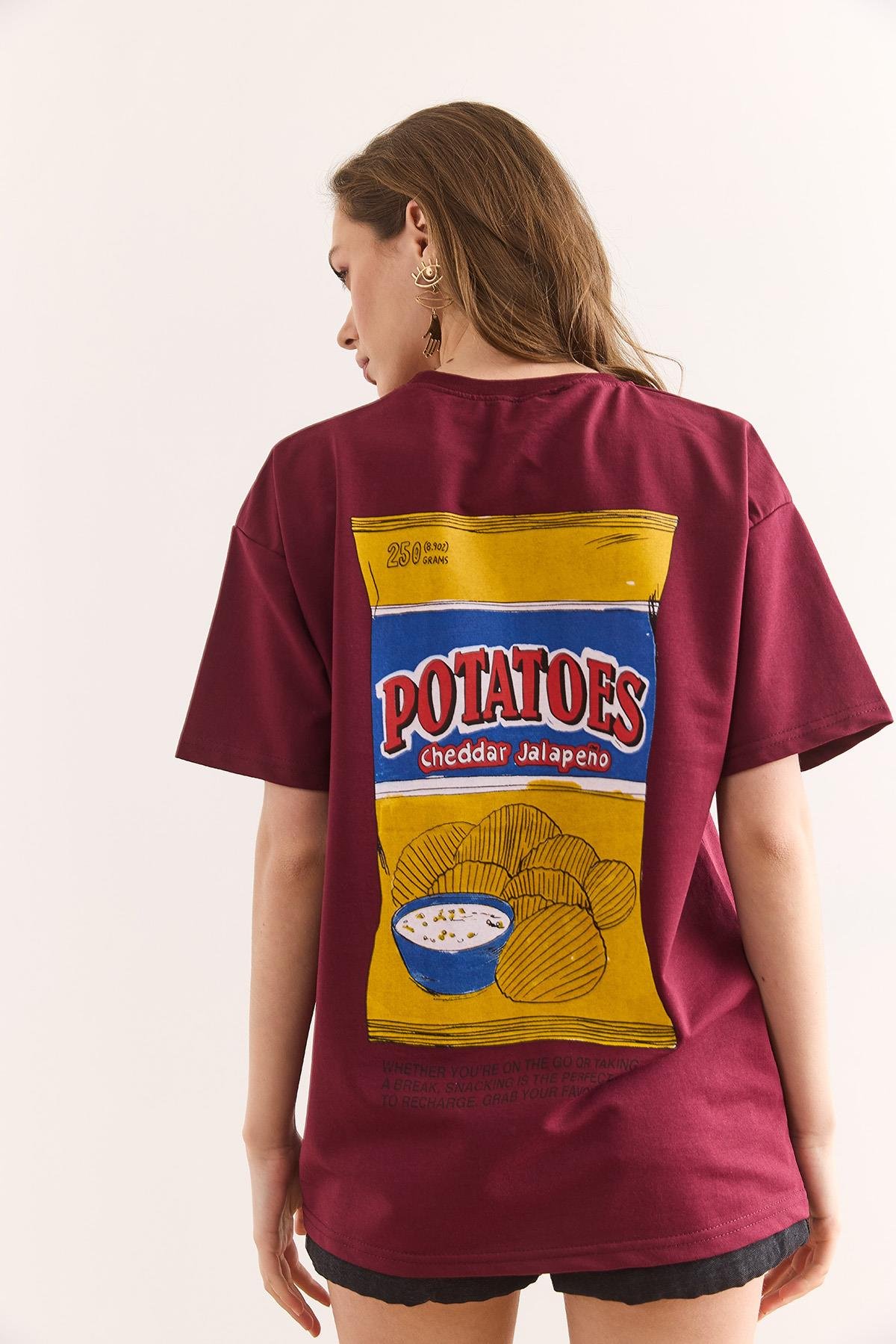 Ön Arka Baskılı Rahat Kalıp 2 İp Tişört Chips Bordo