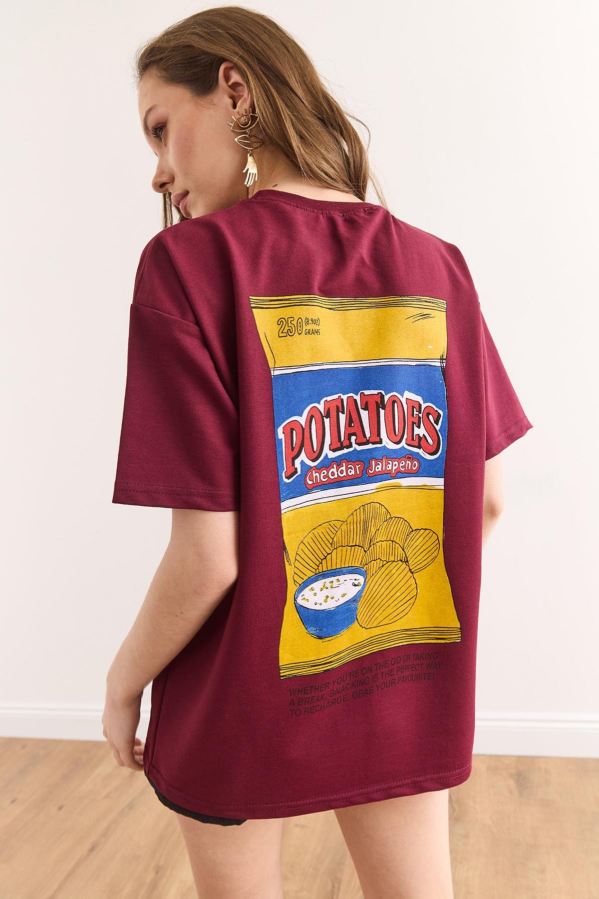 Ön Arka Baskılı Rahat Kalıp 2 İp Tişört Chips Bordo