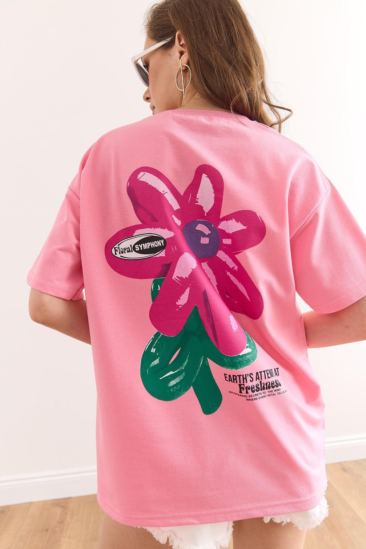 Ön Arka Baskılı Rahat Kalıp 2 İp Tişört Çiçek Pembe