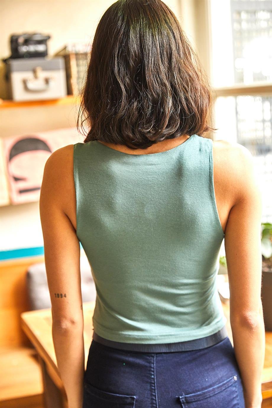 Önü Çift Kat Kolsuz Crop Örme Bluz Mint Yeşili