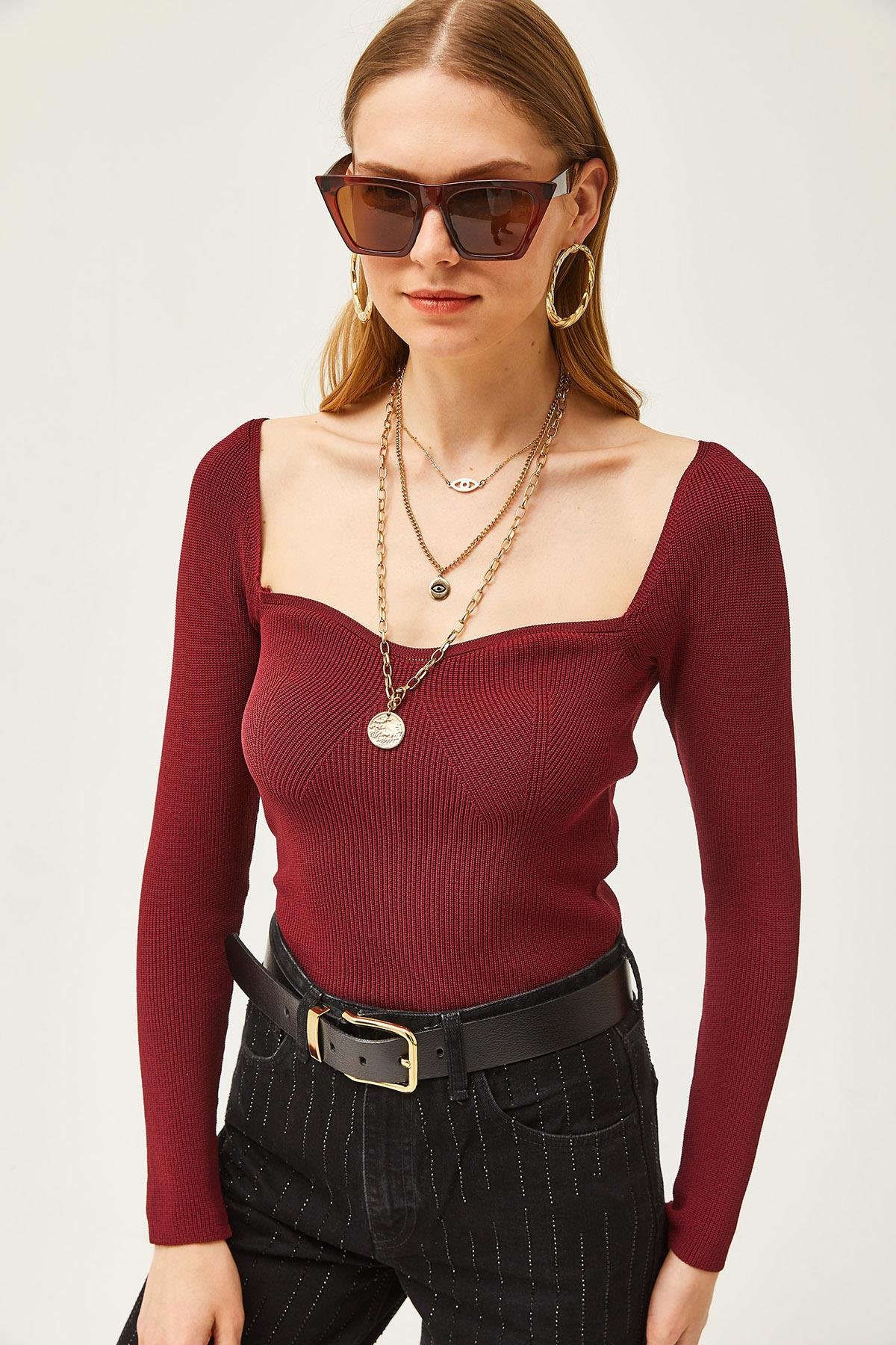 Öpücük Yaka Crop Triko Bluz Bordo