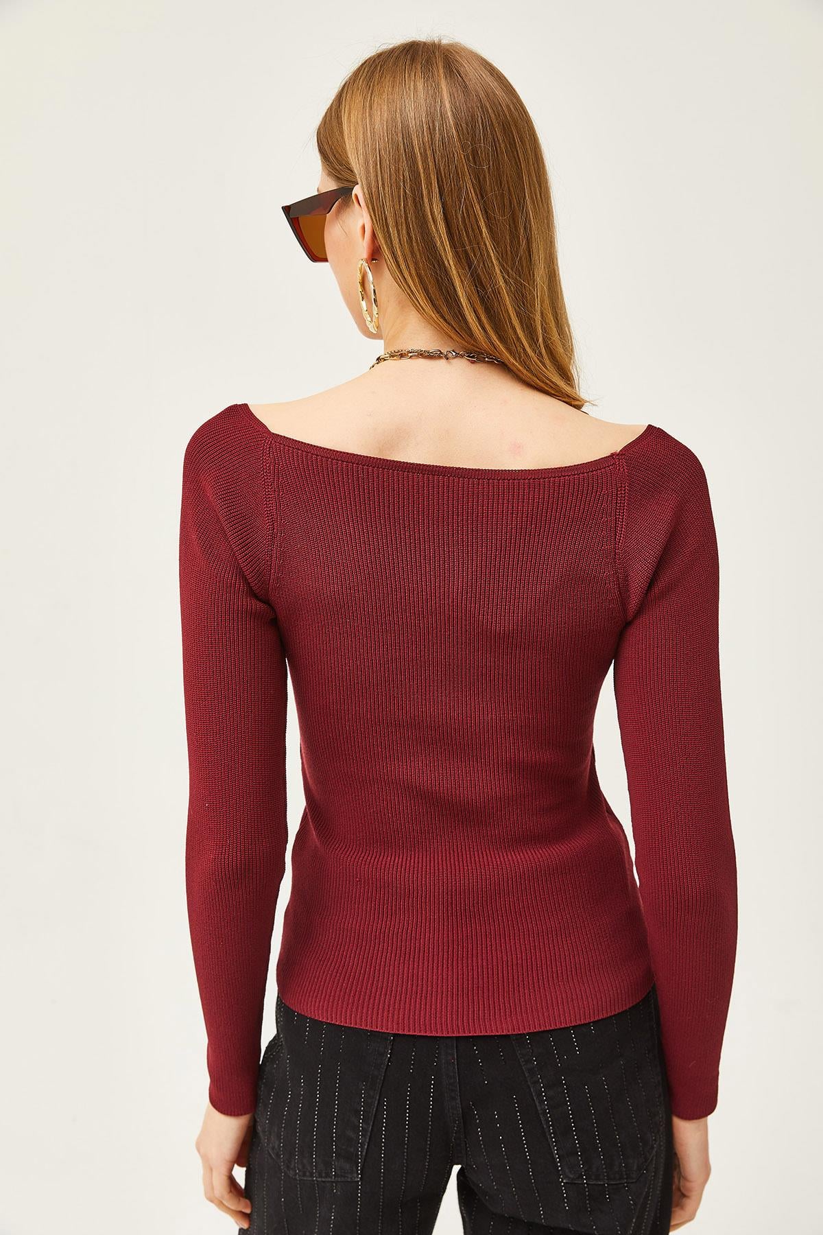 Öpücük Yaka Crop Triko Bluz Bordo