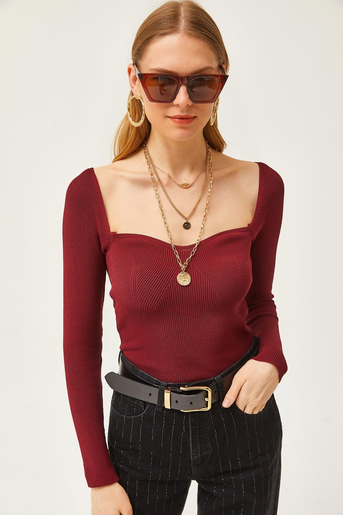 Öpücük Yaka Crop Triko Bluz Bordo