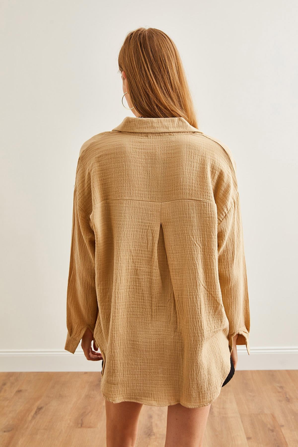 Oversize Basic Müslin Gömlek Camel